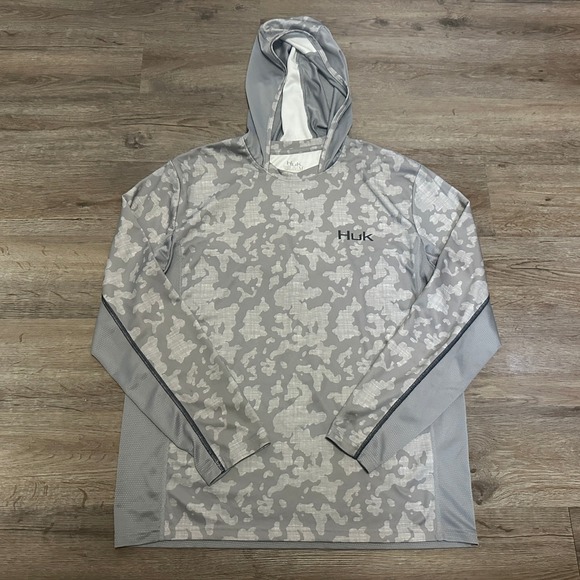 Huk Other - Huk Fishing Mens Grey Camo Performance Hoodie Long Sleeve Sun Shirt Size M